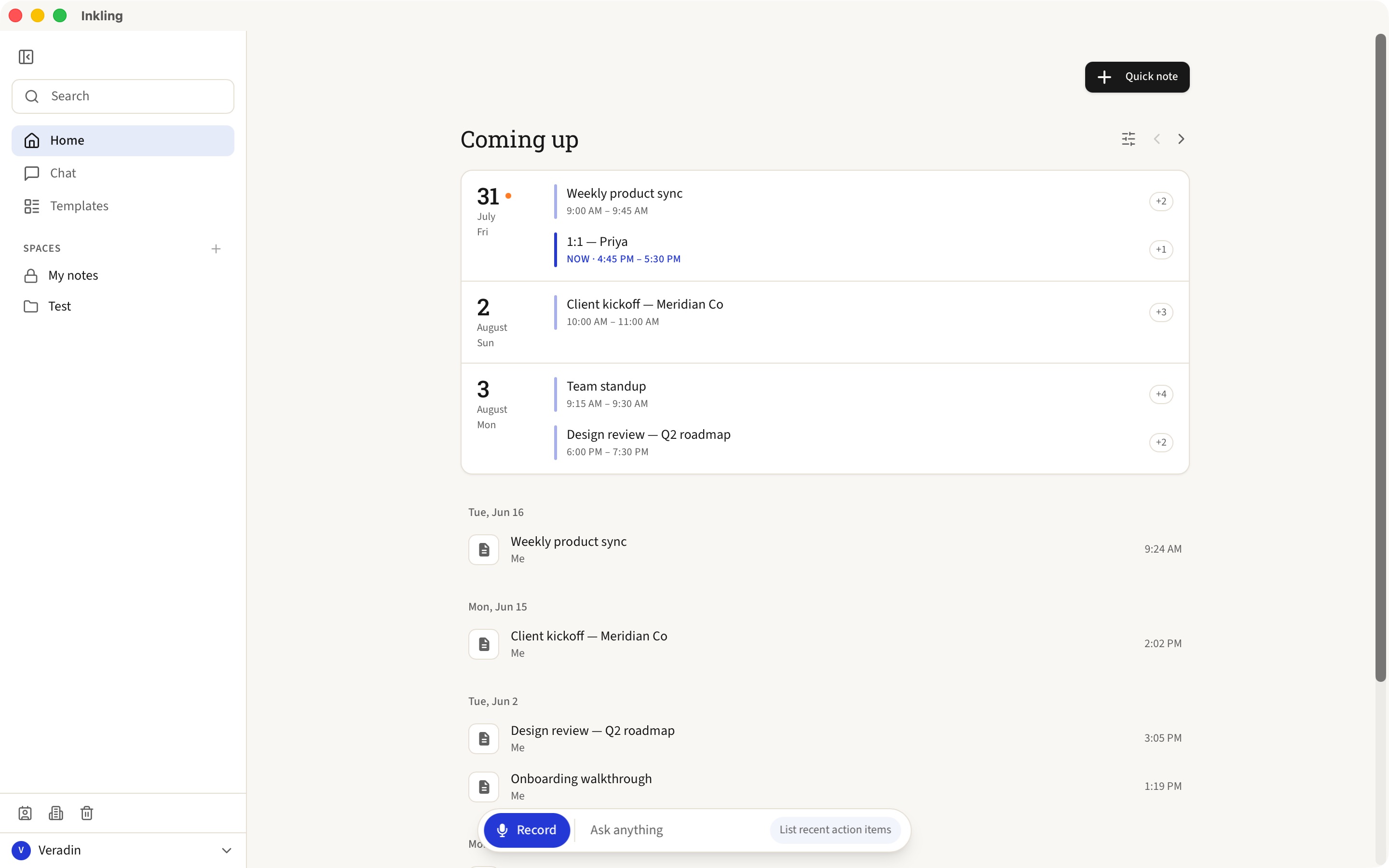 Inkling's home screen: a Coming up calendar of the next few days above a feed of past meetings grouped by day.