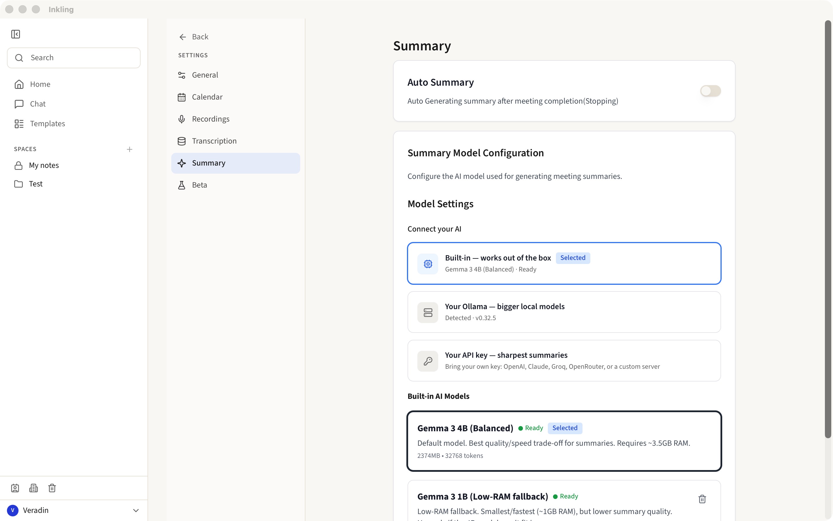 Inkling's Connect your AI settings: pick the built-in model, your own Ollama, or your own API key.